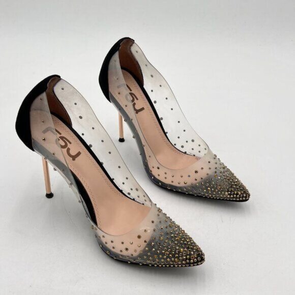 FSJ Black Studded Pointed Toe Transparent Pumps High Heels Shoes - Picture 4 of 8